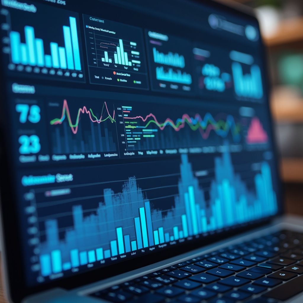 Computadora portátil que muestra gráficos y cuadros de datos en azul y verde azulado.