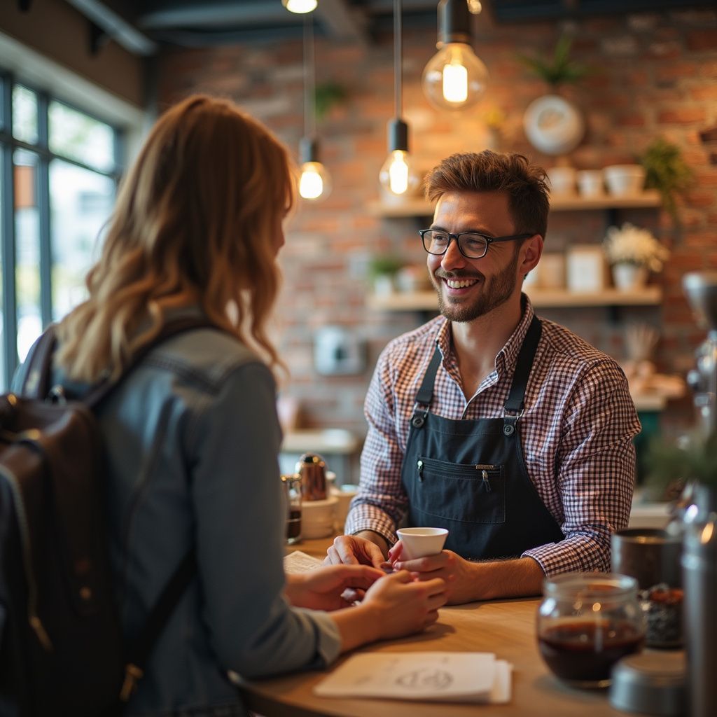 Una mujer pide café a un barista en una cafetería. El barista sonríe mientras sostiene una taza pequeña.