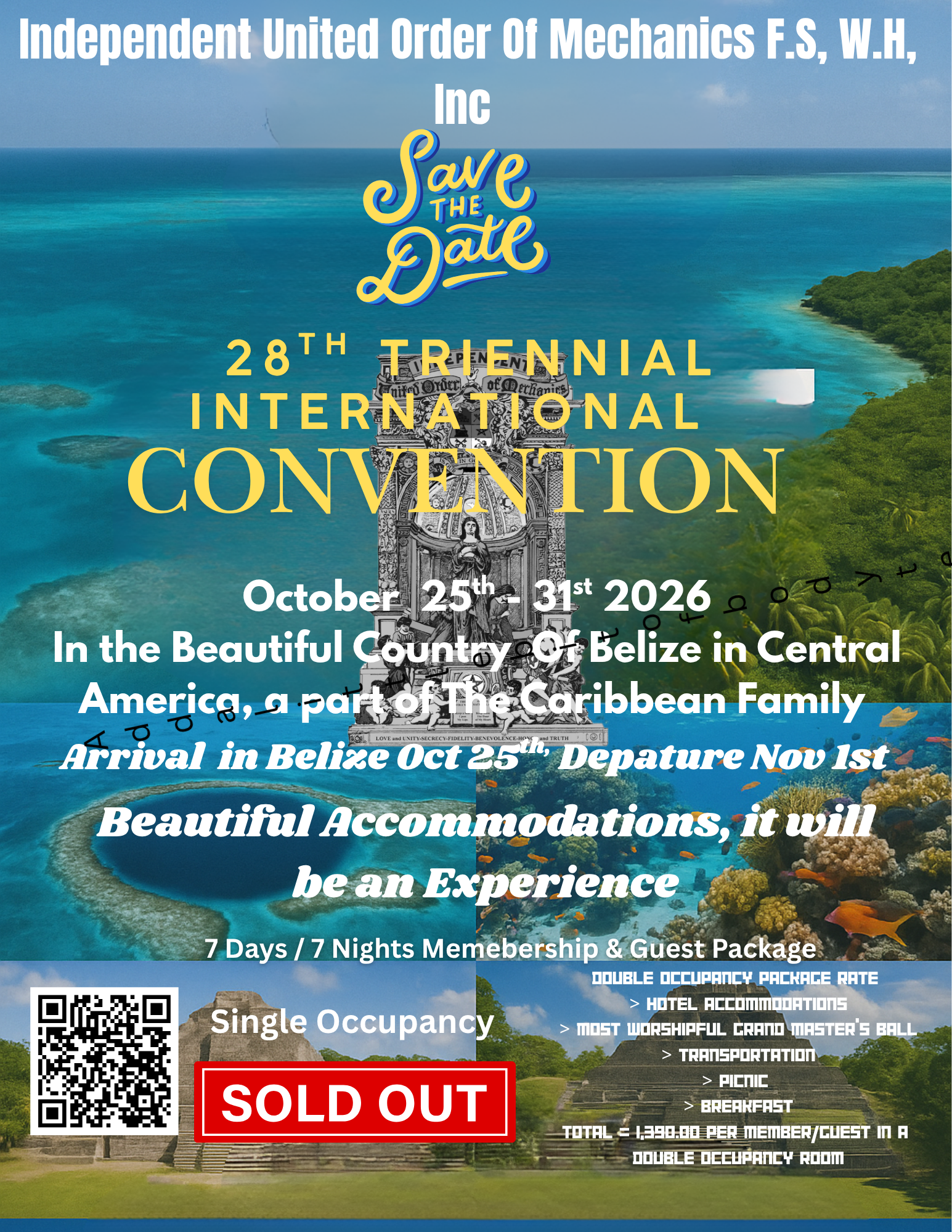 Poster for the 28th Triennial International Convention on a tropical beach, October 2026, Belize, with travel details
