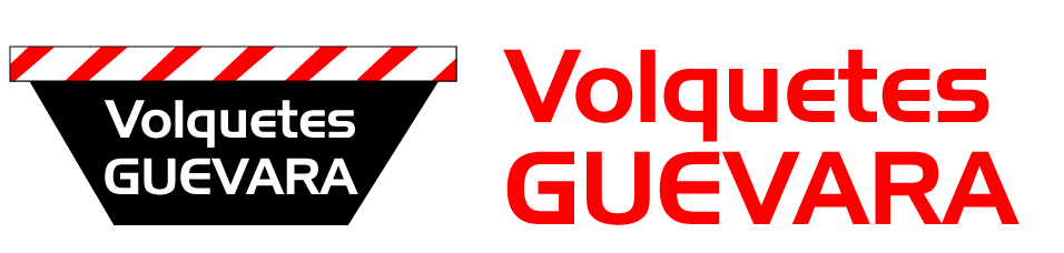 Logotipo de Volquetes Guevara con la marca en negro, rojo y blanco y texto rojo en negrita sobre un fondo blanco.