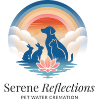 Silhouette of pets (dog, cat, rabbits) on water, under a rainbow and clouds; lotus flower in foreground. 