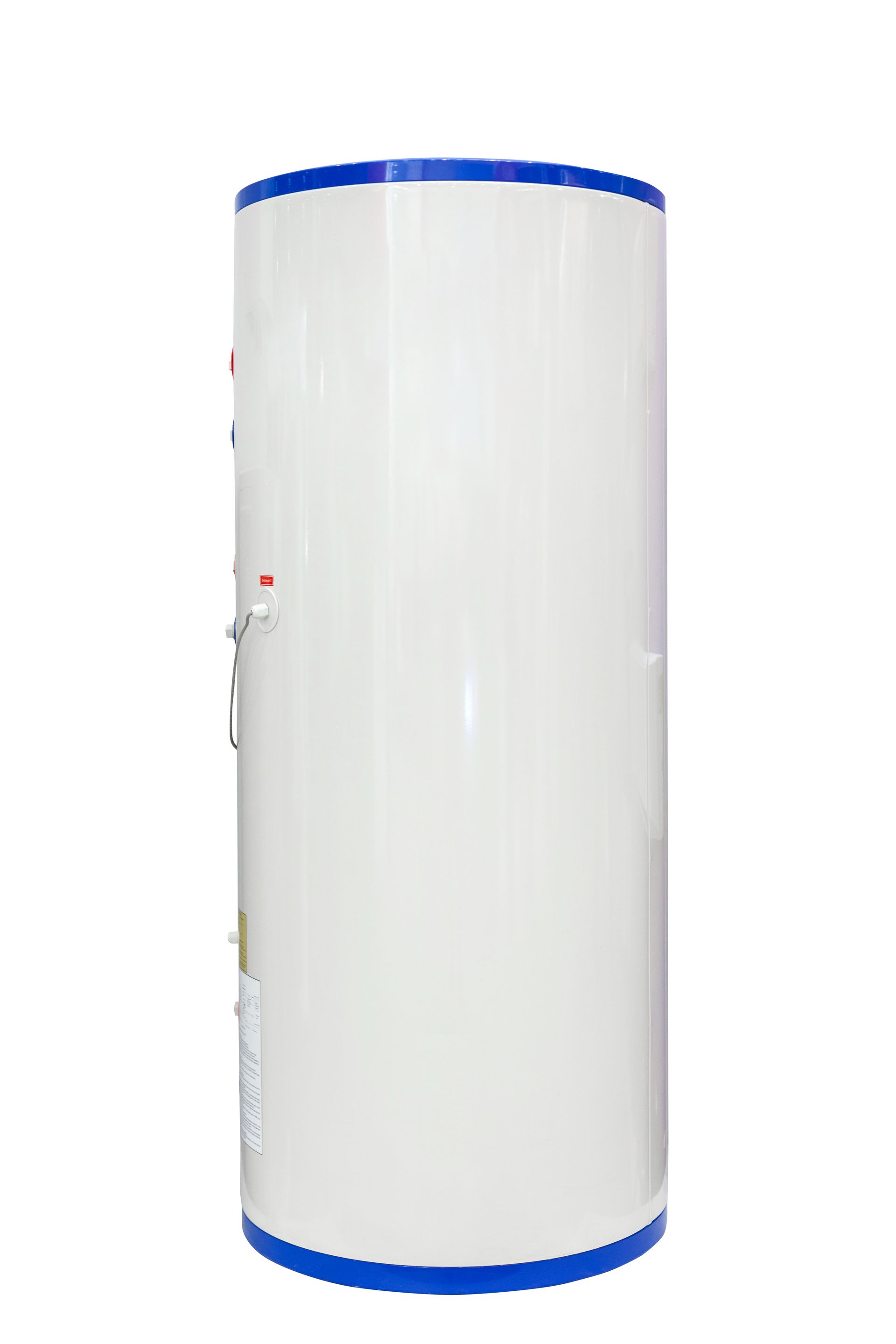 a white water heater with a blue trim
