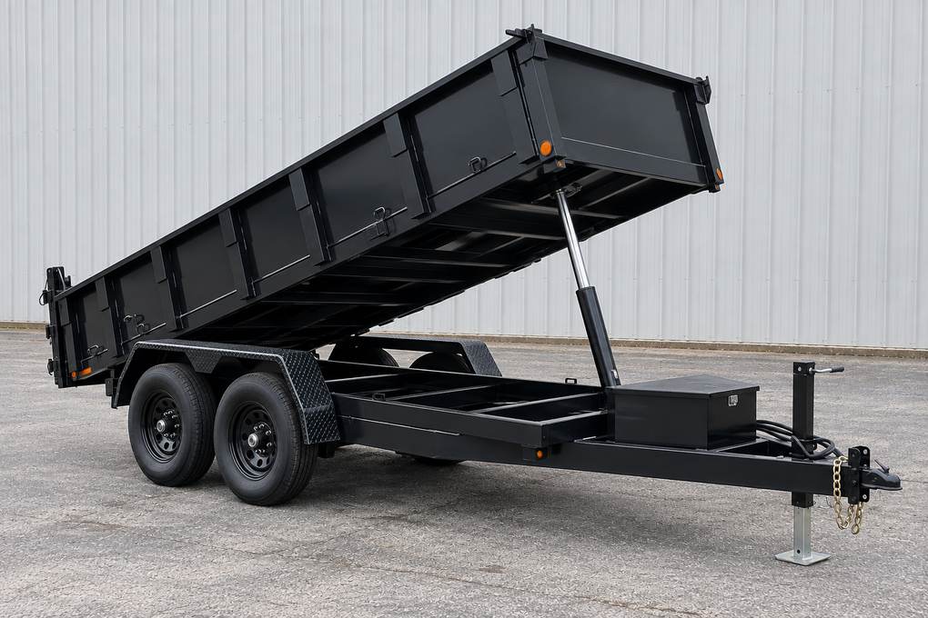 Black tandem-axle dump trailer with raised bed on gravel beside a gray building