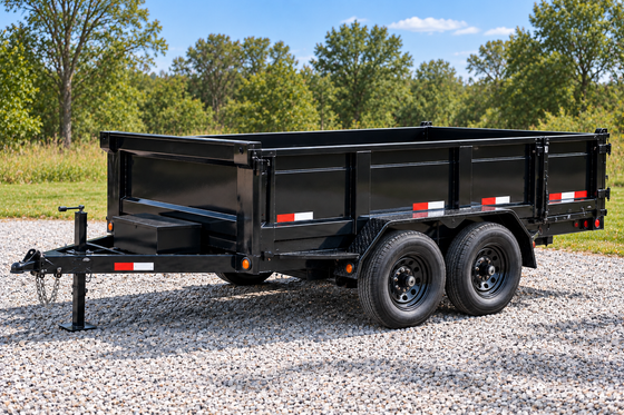 Black dual-axle utility trailer on gravel, with open top and hitch, in a grassy outdoor setting.