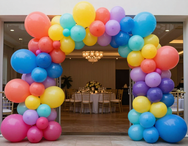 Colorful balloon arch decoration at an event