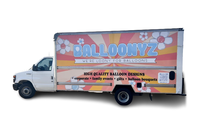 White delivery truck with BALLOONYZ branding, floral graphics, and text advertising balloon designs.