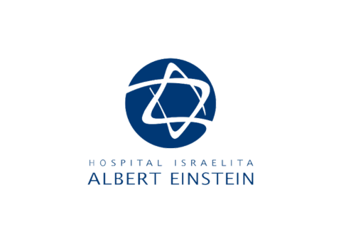 Logotipo do Hospital Israelita Albert Einstein em fundo branco, com emblema e texto em azul.