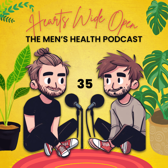A cartoon of two men sitting in front of microphones for the men 's health podcast