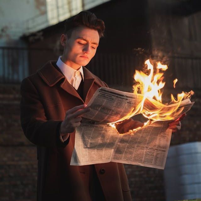 A man is reading a newspaper with flames coming out of it