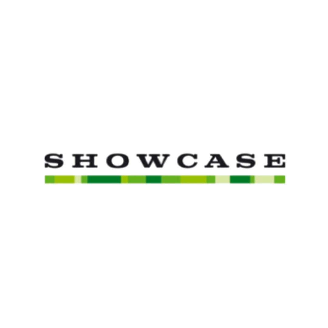 Logotipo de exhibición con bloques de color verde y blanco debajo del texto negro.