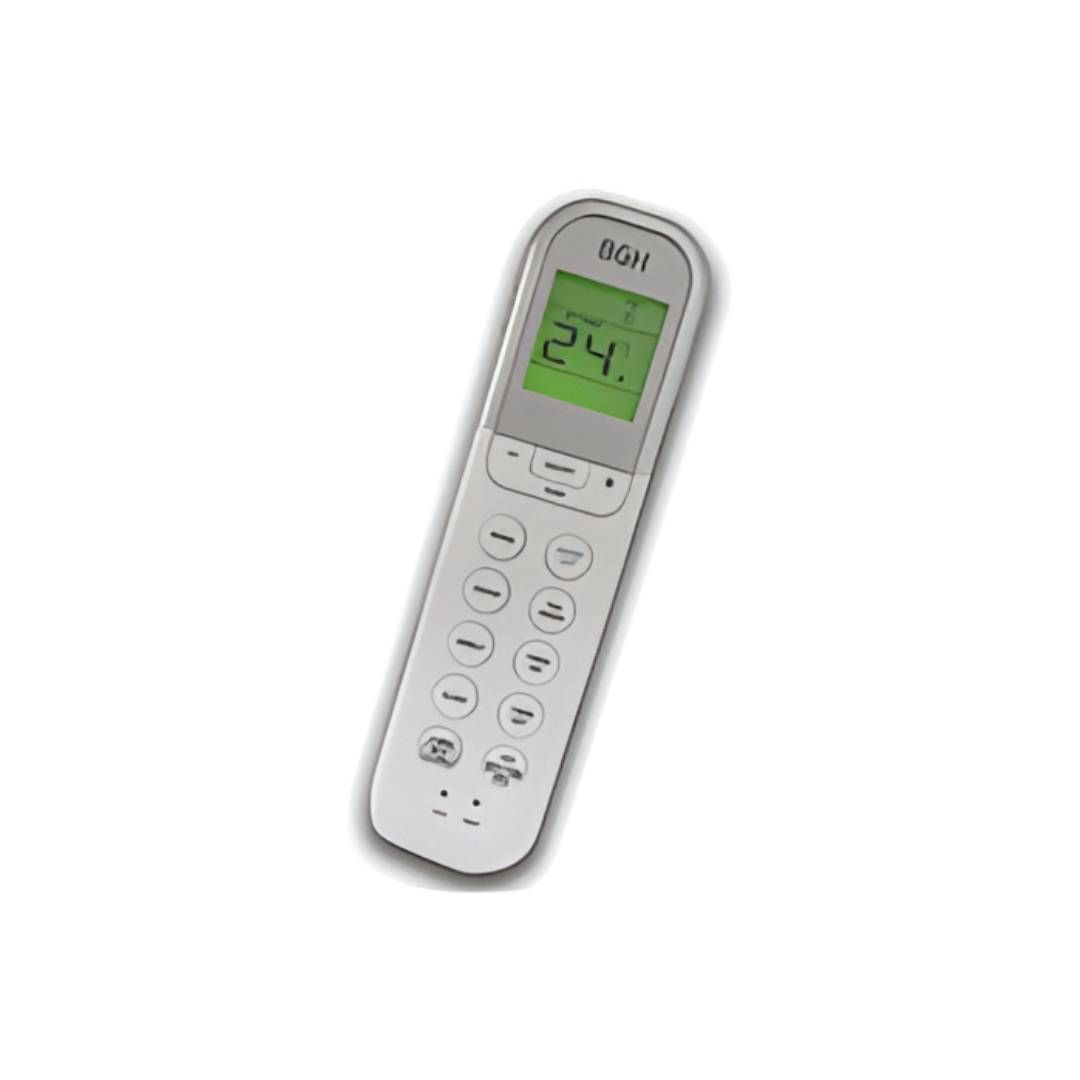 Control remoto de aire acondicionado BGH blanco con pantalla verde que muestra 