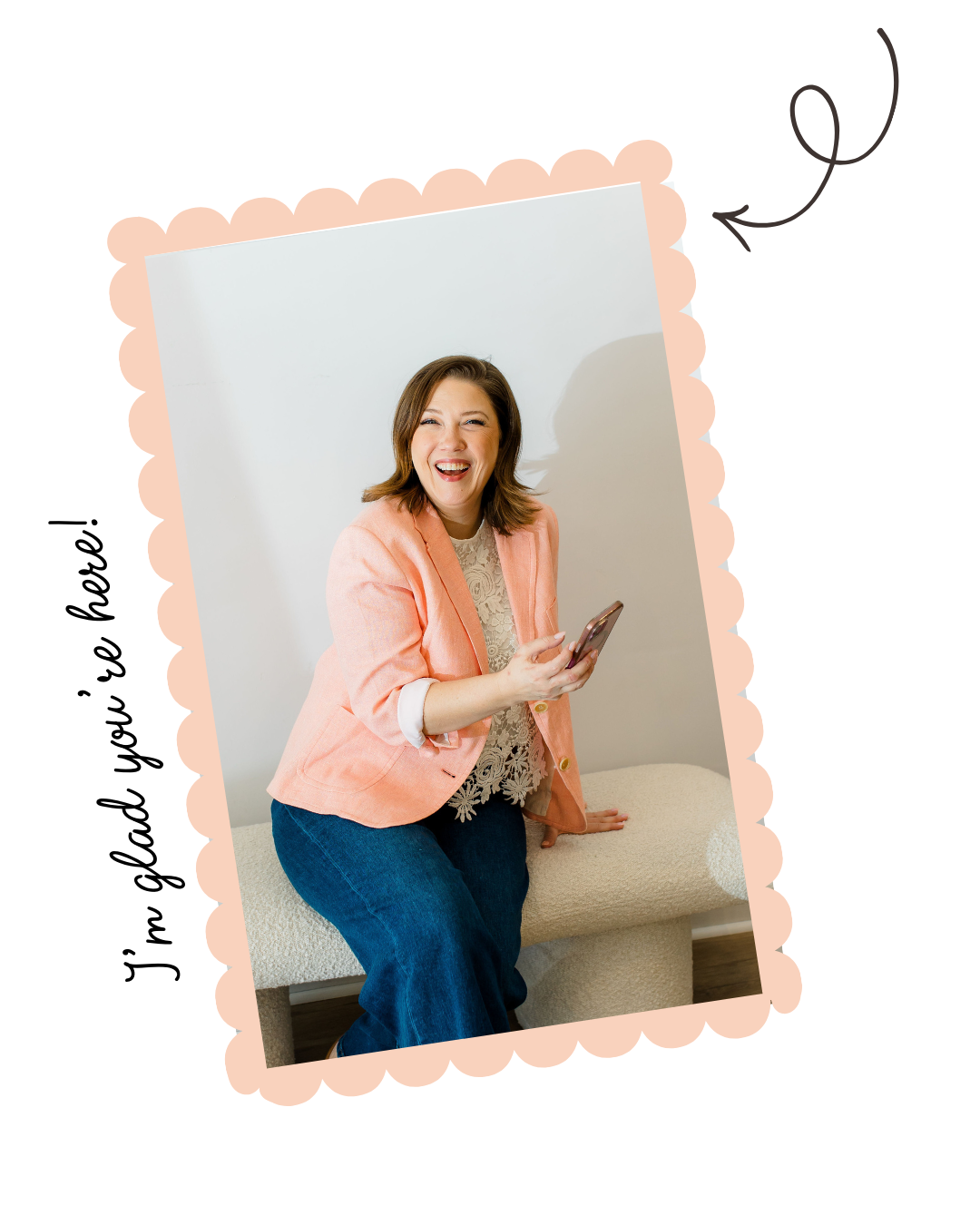 Smiling woman in a peach jacket poses on stairs beside a scalloped photo frame and handwritten Arabic text