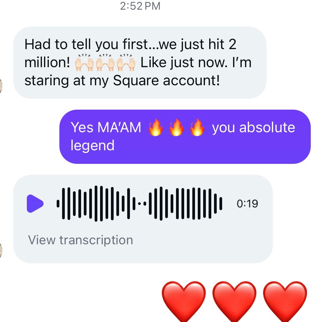 Chat screenshot showing a milestone message, excited reply, voice note, and three red hearts.