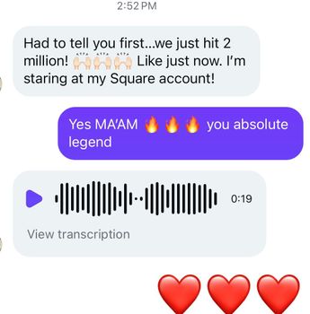 Chat screenshot showing a milestone message, excited reply, voice note, and three red hearts.