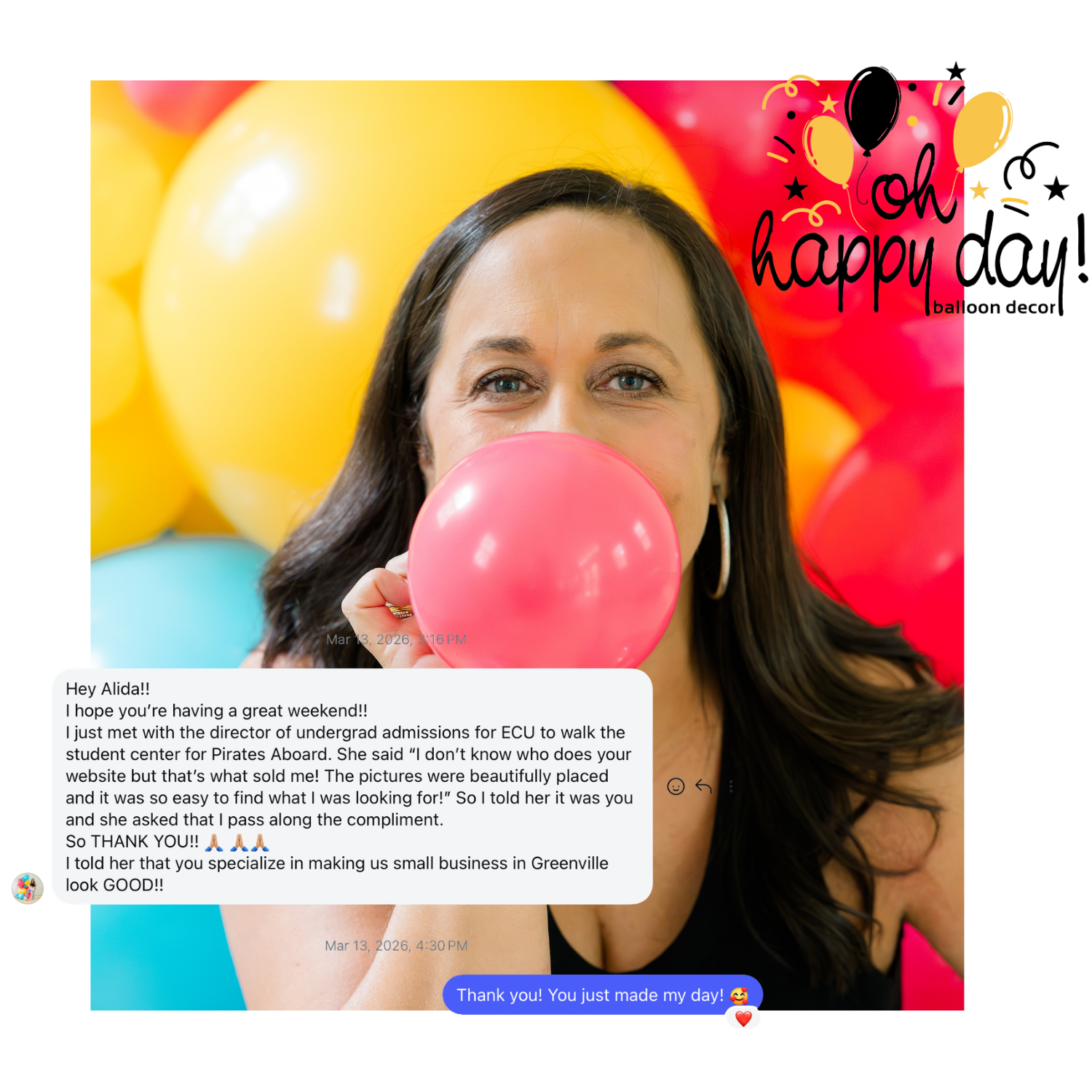 Woman holding pink balloon in front of colorful balloons with “oh happy day!” text and a message overlay