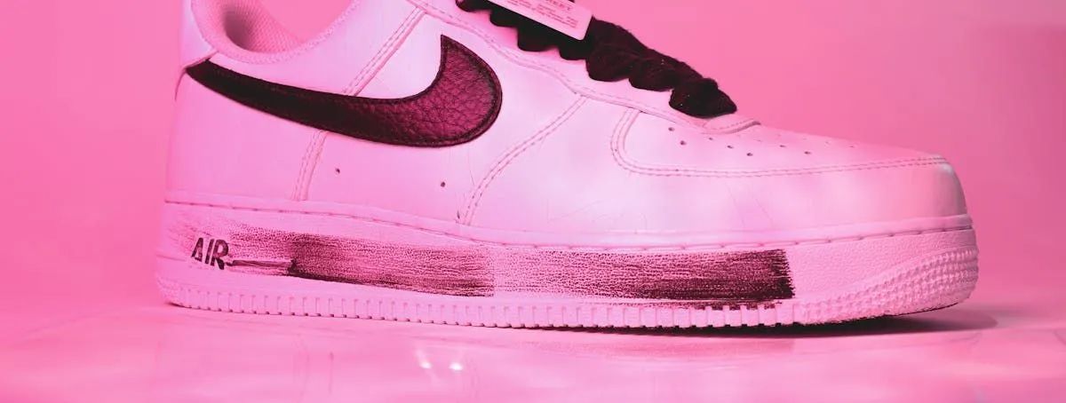 A close up of a white nike air force 1 shoe on a pink background.