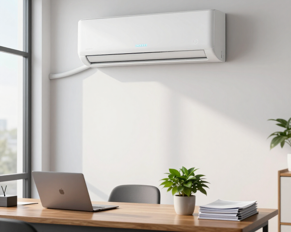 Modern office with wall-mounted air conditioner above a desk, laptop, plant, and stacked papers
