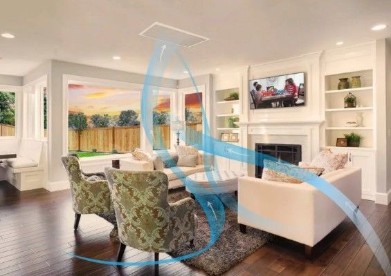 Modern living room with white sofas, green chairs, fireplace, and wall-mounted TV under blue airflow lines