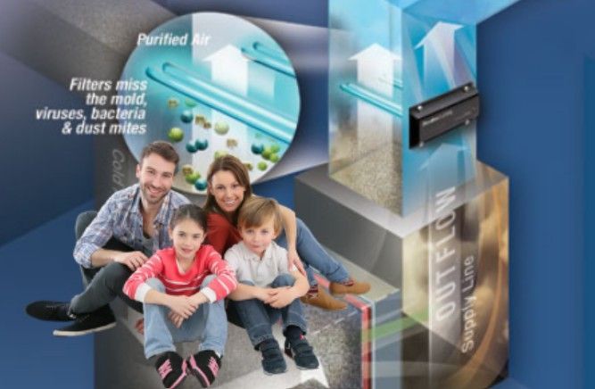 Family beside air filter graphic showing clean airflow and dust removal levels