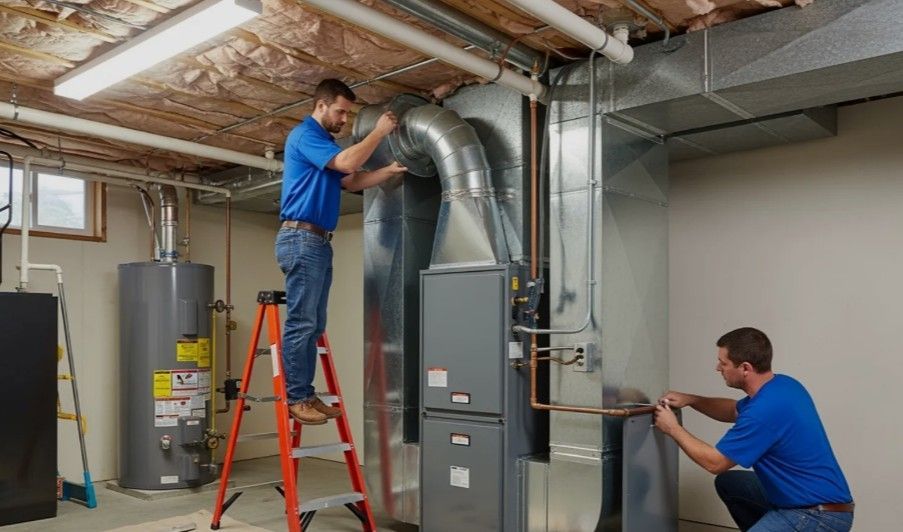 Workers installing ductwork in a utility room, one on a ladder and one kneeling near HVAC equipment.
