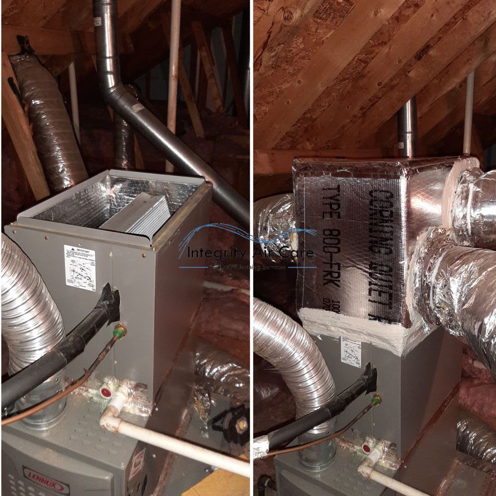 HVAC unit in an attic with insulated ducts and metal venting lines