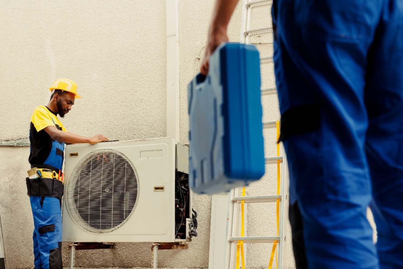 Hands adjusting a yellow HVAC control panel with brass valves and black hoses