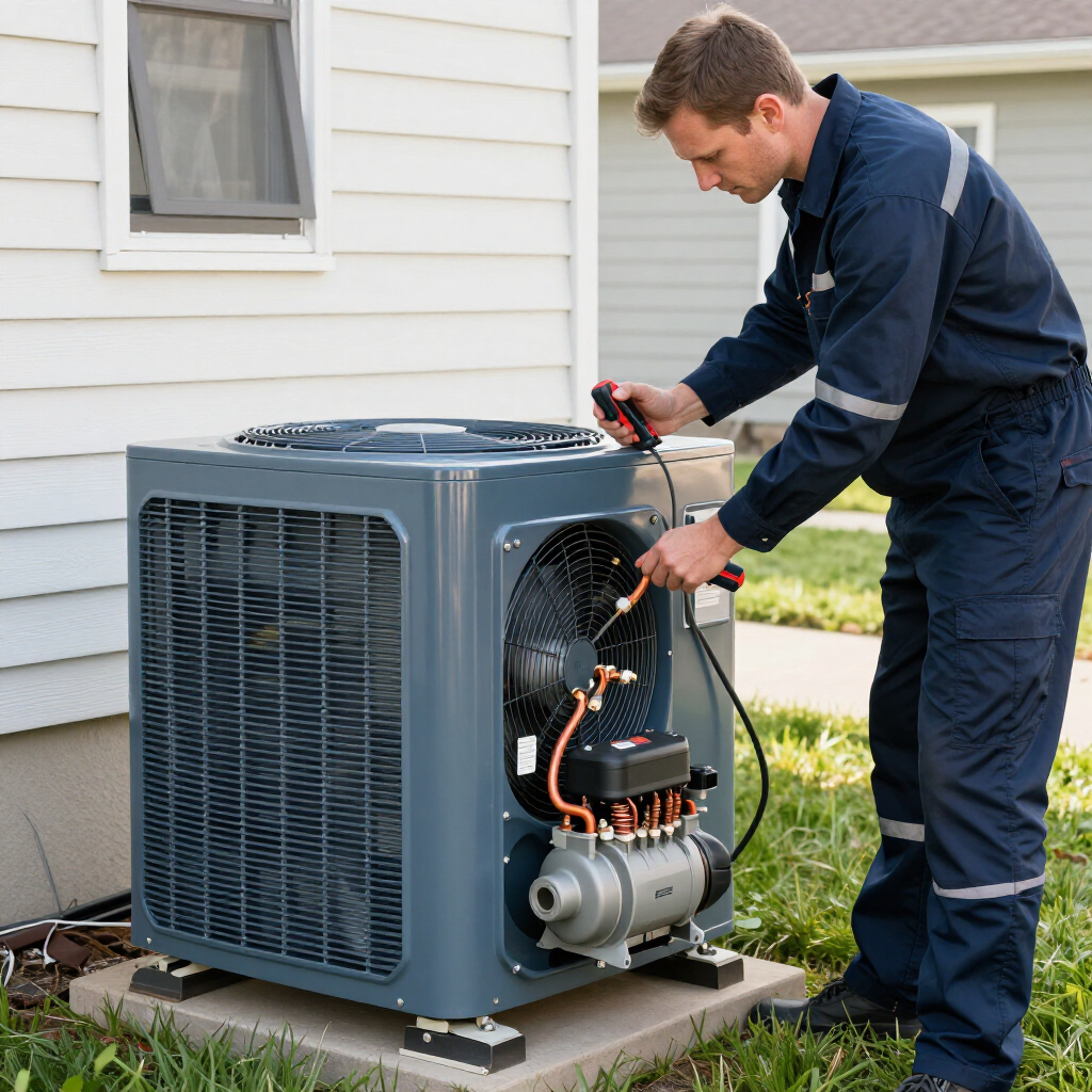 Technician servicing outdoor air conditioner unit with tools beside a house