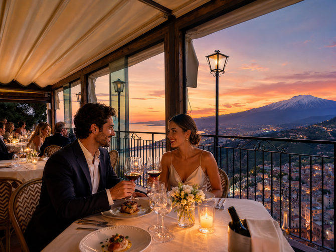 Una coppia cena su una terrazza al tramonto con vista sulle montagne e sulla città, tavolo illuminato da candele, calda luce serale