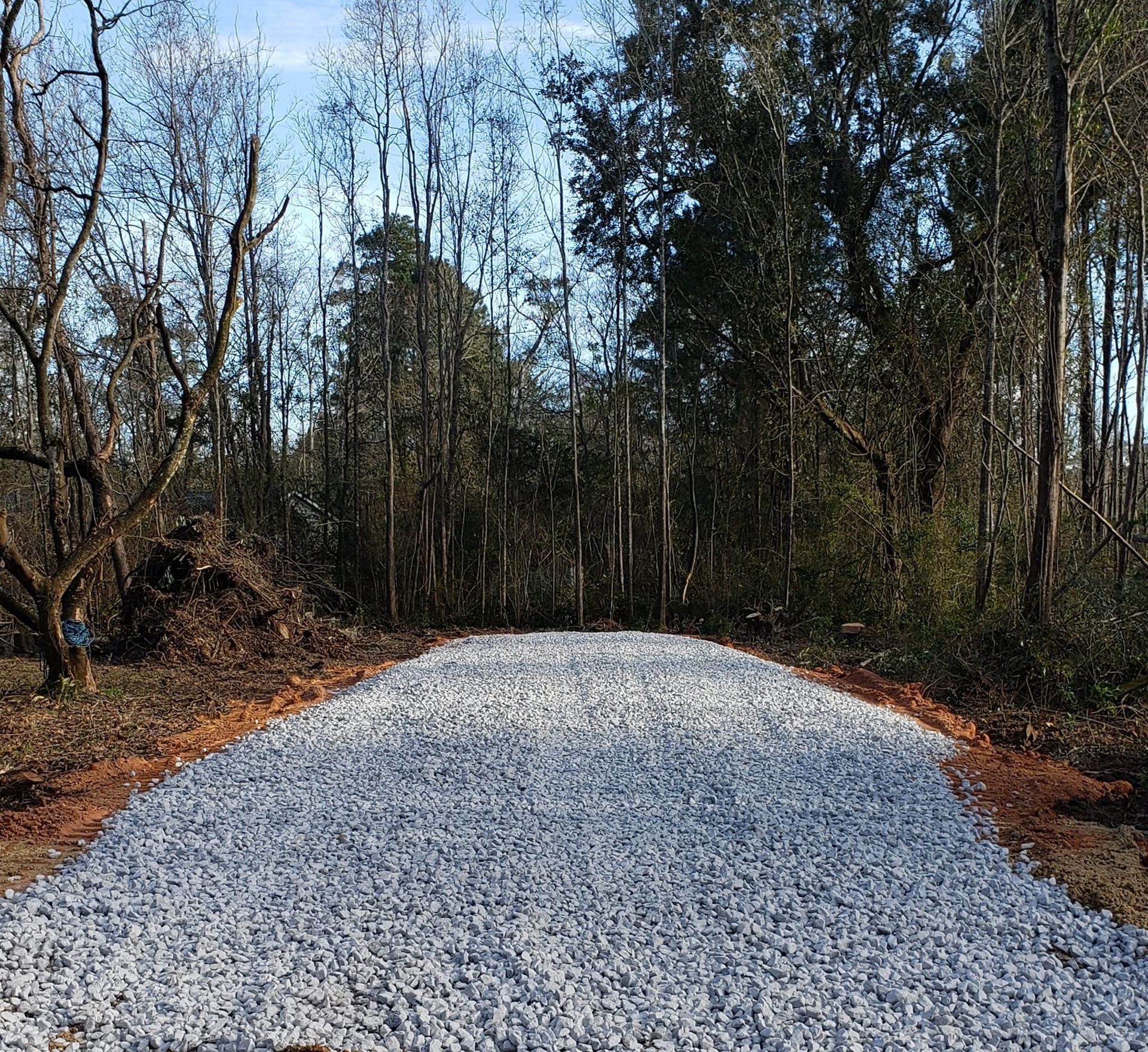 Gravel road through a wooded area with trees. Brown dirt borders the road. Blue sky.