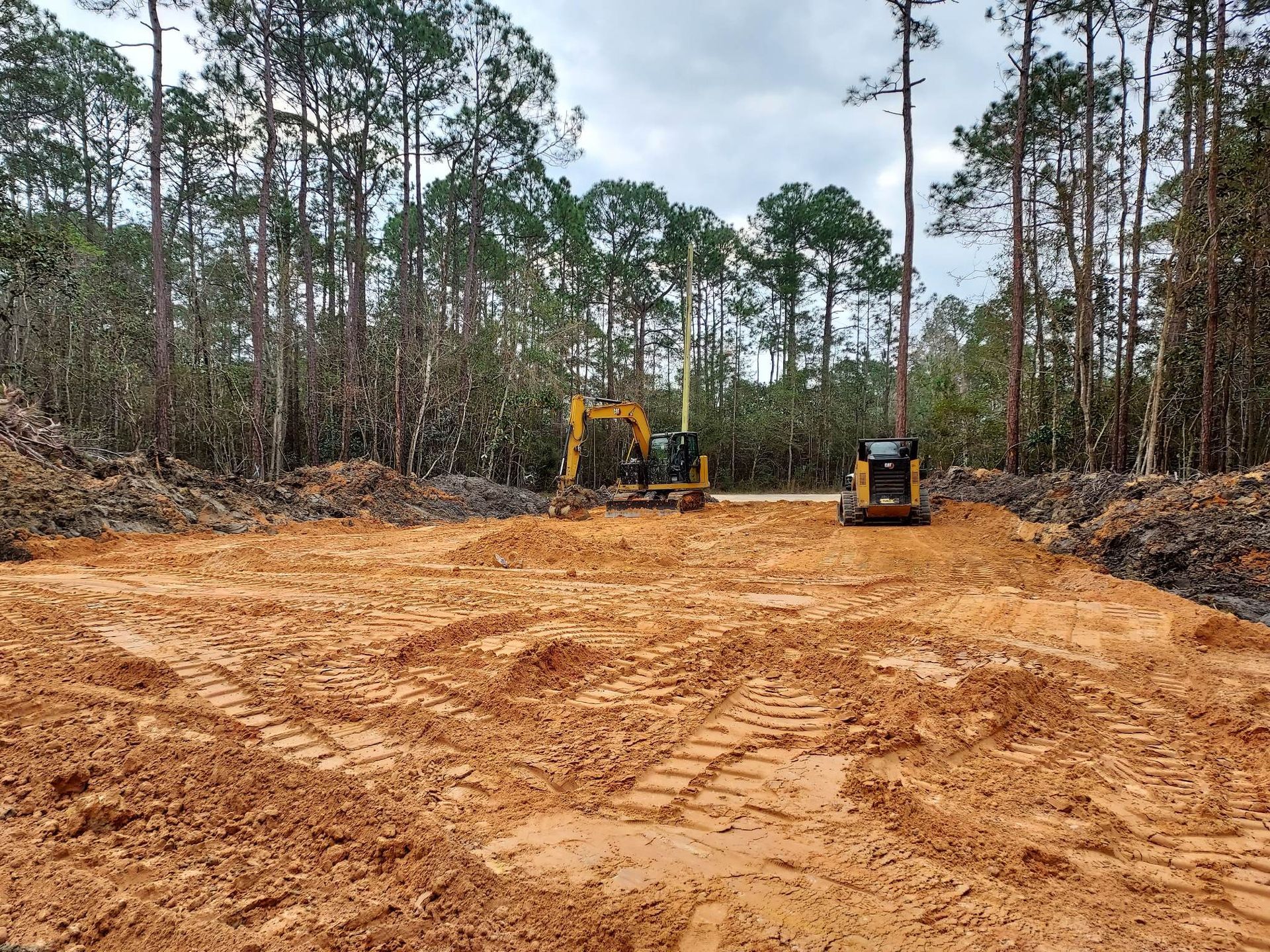 Construction site with two yellow earthmovers on a graded, red-brown soil clearing in a pine forest.