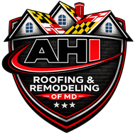 AHI Roofing & Remodeling of MD logo with black, red, and white shield and house roof design