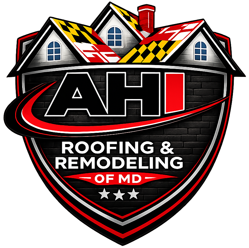 AHI Roofing & Remodeling of MD logo with black, red, and white shield and house roof design