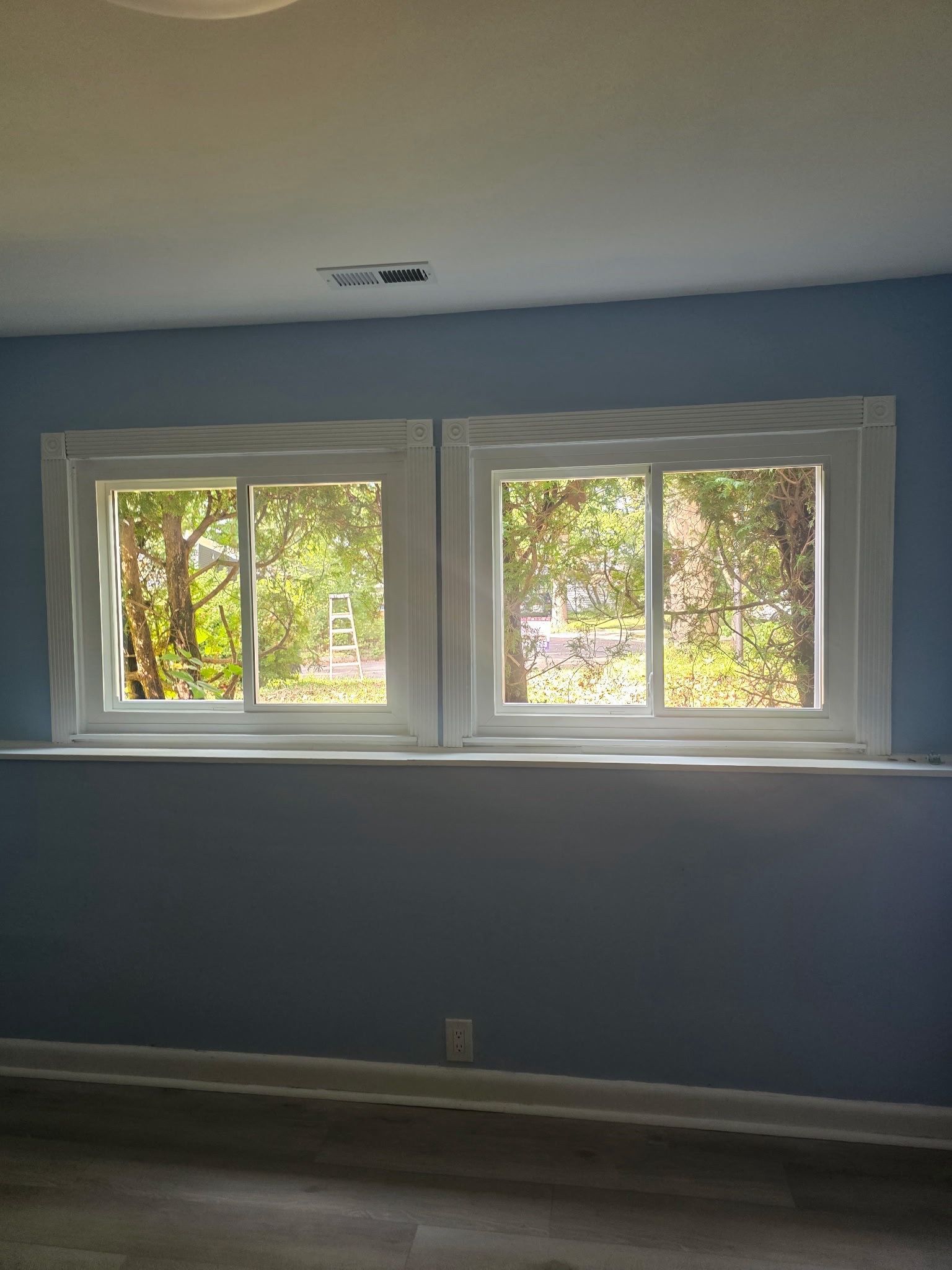 Blue bedroom wall with a double window and sunlight shining through trees outside.