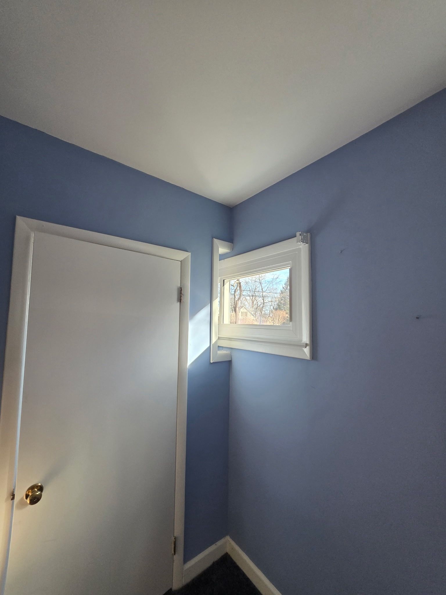 Blue room corner with white door and small window above a radiator on the right