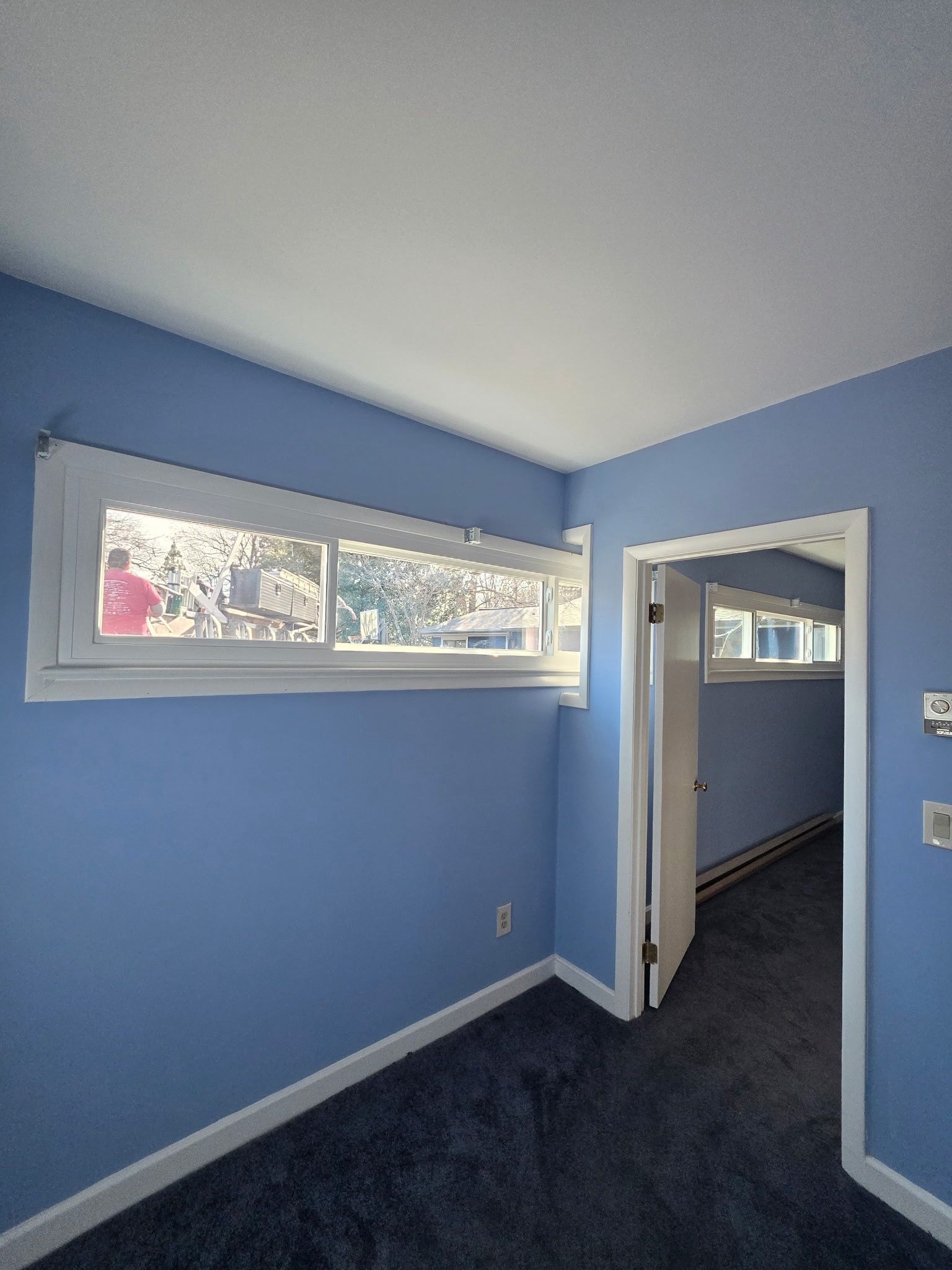 Blue bedroom with white trim, dark carpet, high windows, and an open doorway to a hall