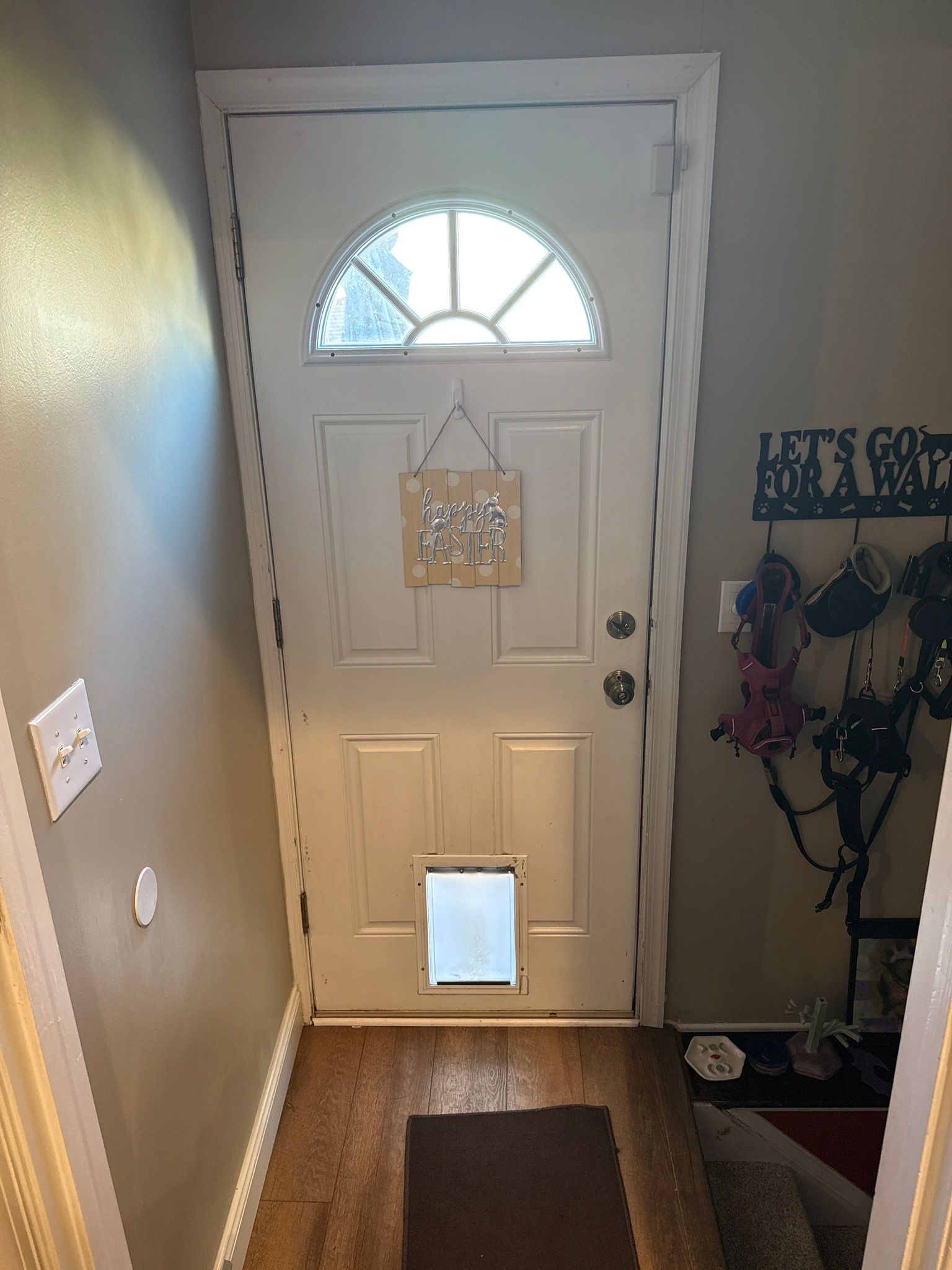 Front entry with white door, arched window, hanging decoration, and a pet door at the bottom.