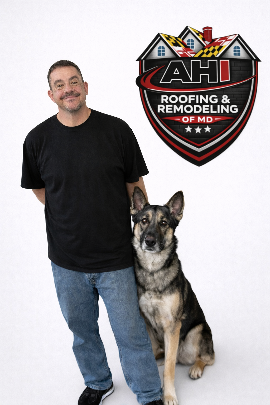 Man standing with a German shepherd beside an AHI Roofing & Remodeling logo