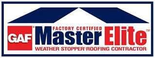 The logo for gaf master elite weather stopper roofing contractor