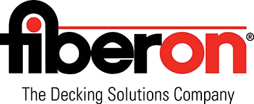 The logo for fiberon the decking solutions company is black and red.