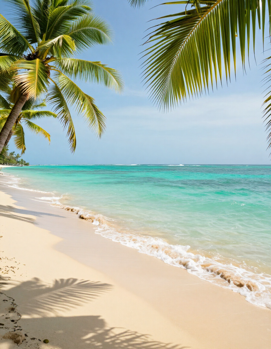 Sunlit tropical beach with palm trees and turquoise water, a Sunshine Vacations destination.