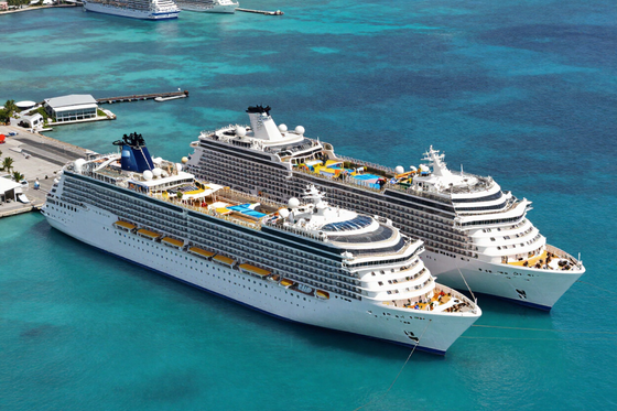 Cruise ships docked at a Caribbean port