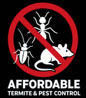 Red "no pest" symbol with ant, cockroach, and mouse. Text: "Affordable Termite & Pest Control."