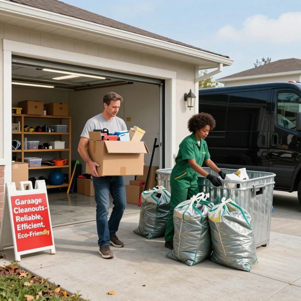 People moving boxes and trash bags at a garage during a cleanup or move-out.