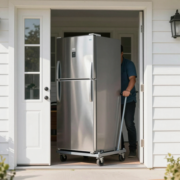 Person moving a stainless steel refrigerator through a front doorway on a dolly