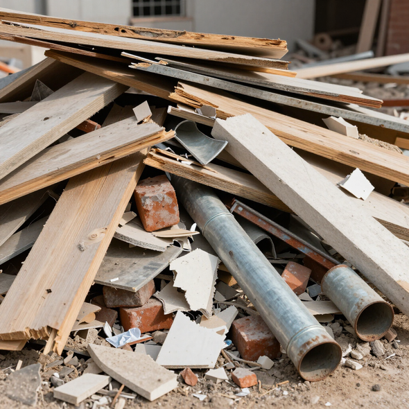 Pile of construction debris with broken wood, bricks, and metal pipes at a demolition site