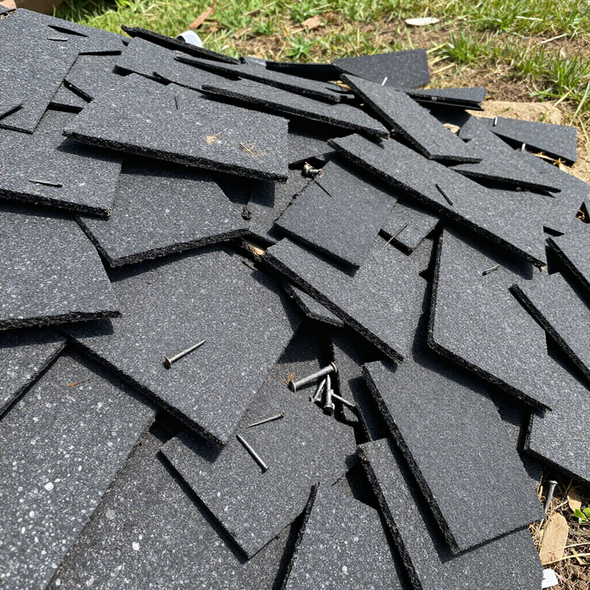 Pile of torn black asphalt shingles scattered on the ground after roof damage