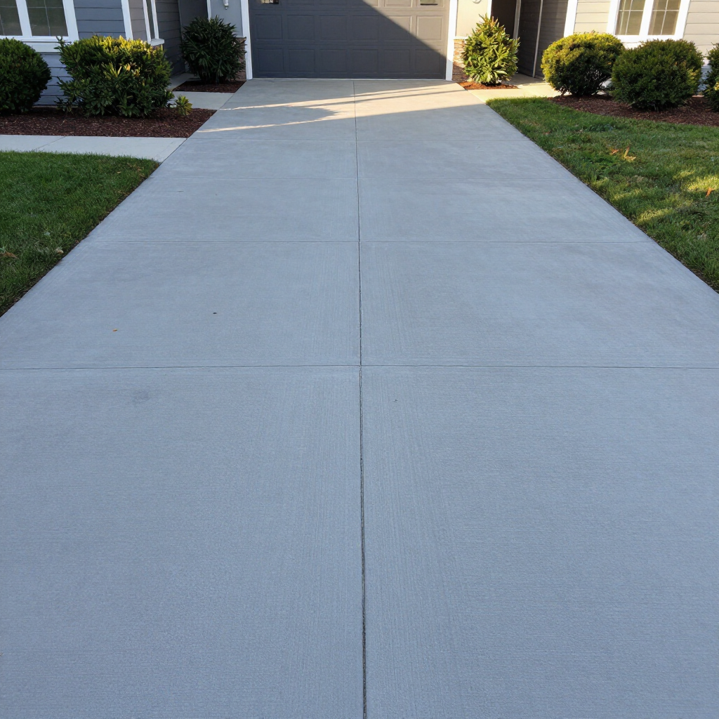Concrete driveway leading to a garage entrance, bordered by grass and shrubs.