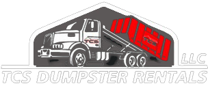 Logo for TCS Dumpster Rentals: a white dumpster truck with a red bin on a dark gray background. "TCS Dumpster Rentals LLC" text below.