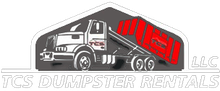 Logo for TCS Dumpster Rentals: a white dumpster truck with a red bin on a dark gray background. "TCS Dumpster Rentals LLC" text below.