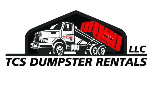 TCS Dumpster Rentals logo with a white dump truck and red dumpster on a black background